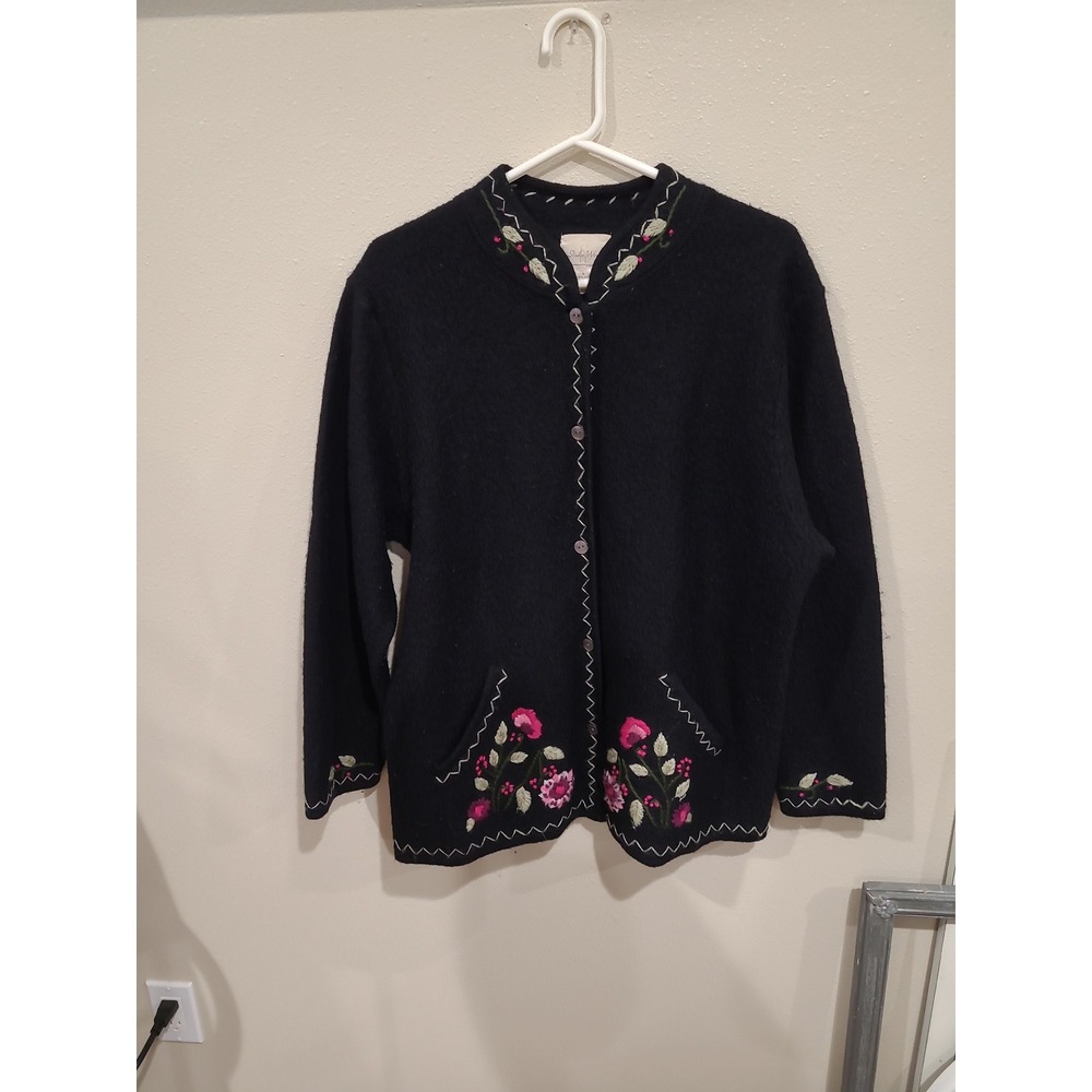 Studio Works‎ Black Wool Cardigan embroidery Women's SZ XL pockets shell buttons